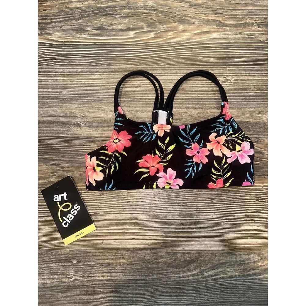Girls' Floral and Striped Bikini Top with Rash Guard - art class Black XS. U